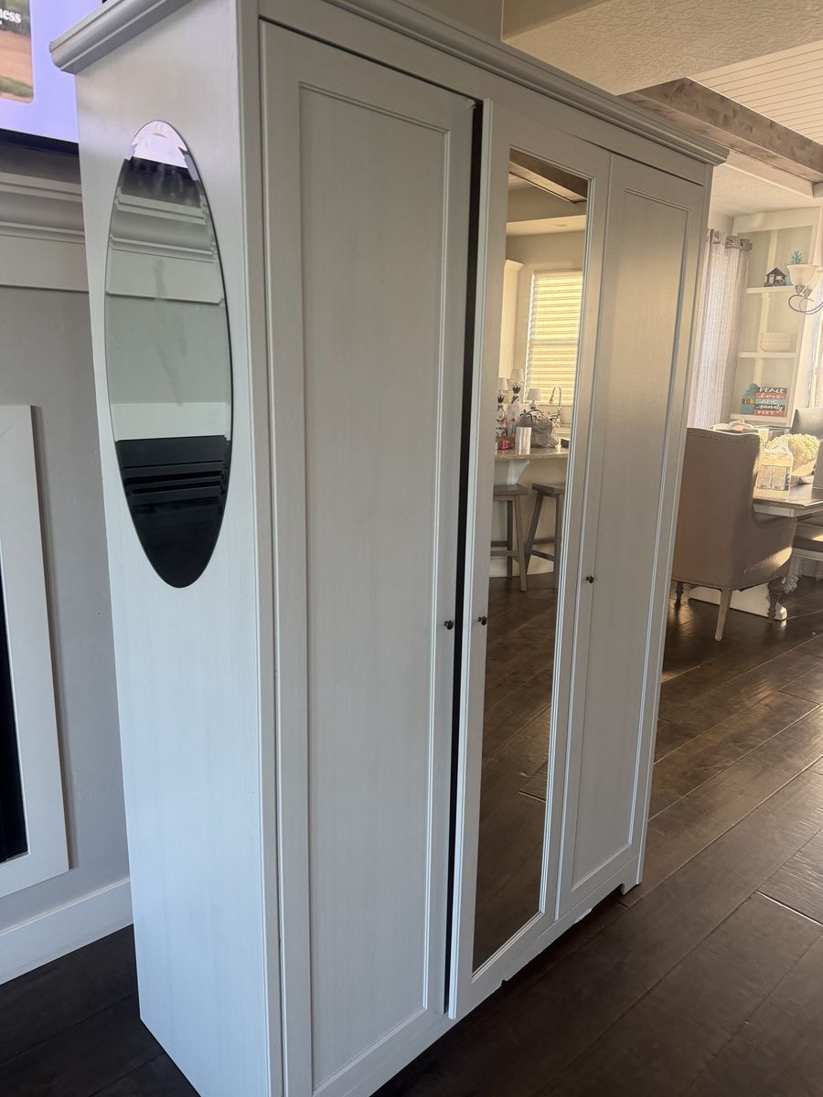 White Wood Wardrobe Armoire with Mirrored Doors - 3-Door Storage Closet Organizer