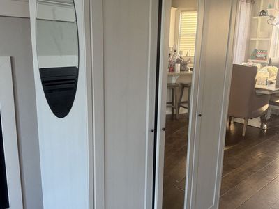 White Wood Wardrobe Armoire with Mirrored Doors - 3-Door Storage Closet Organizer