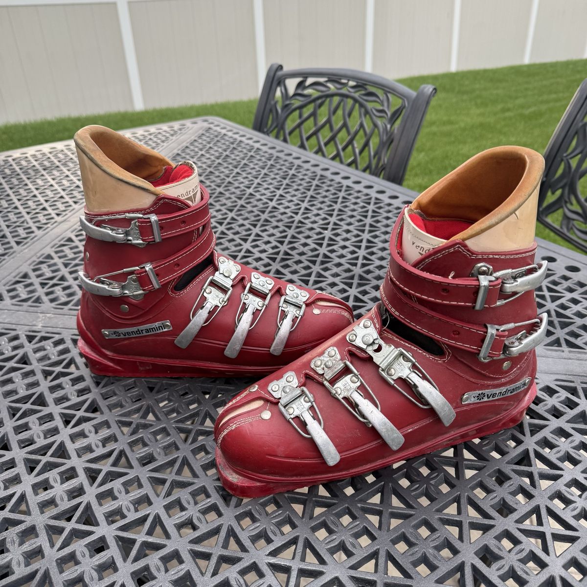 Vintage Vendramini Red Leather Ski Boots Metal Buckles