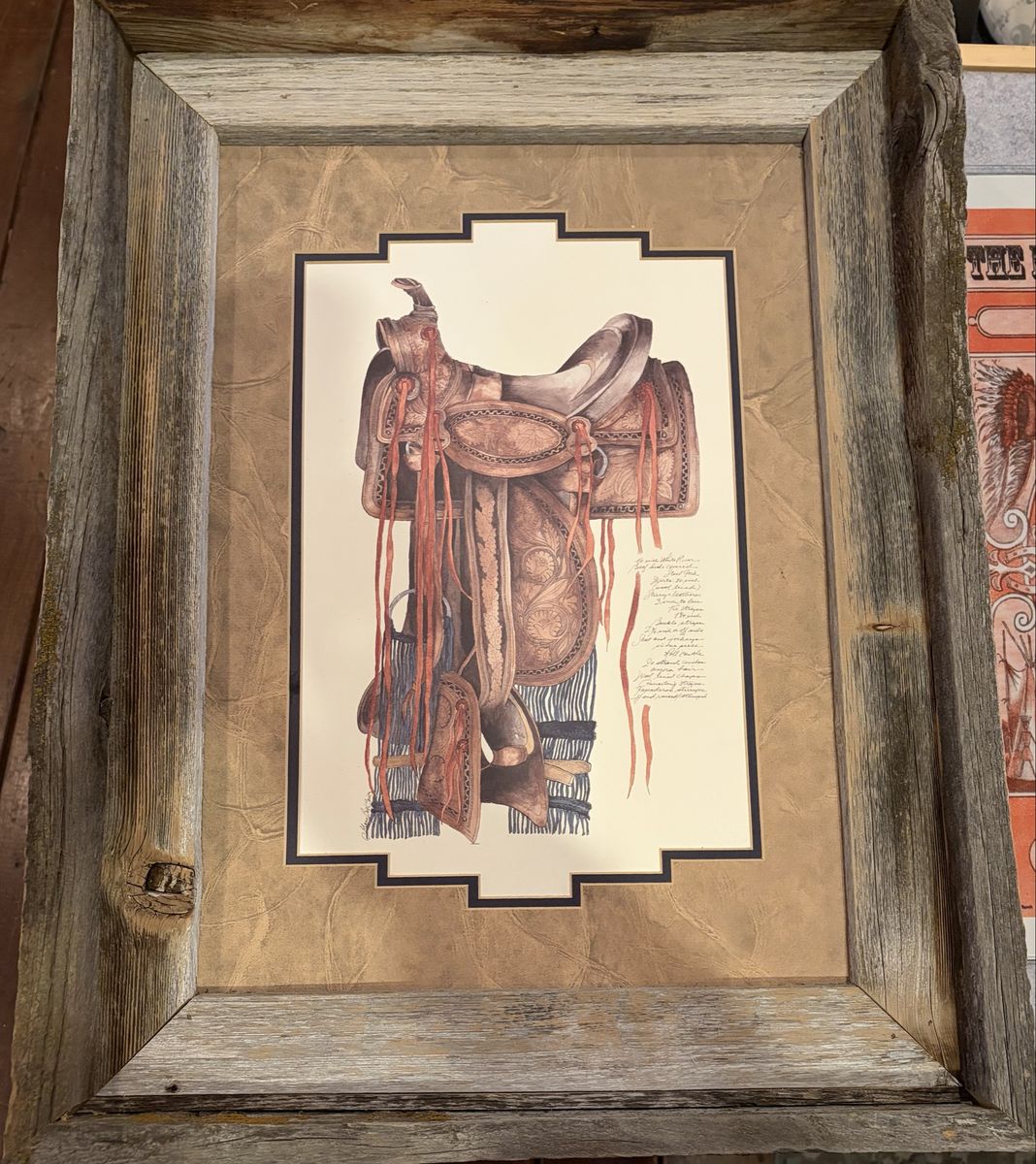 Framed Western Saddle Art Print Rustic Wood Frame Home Decor