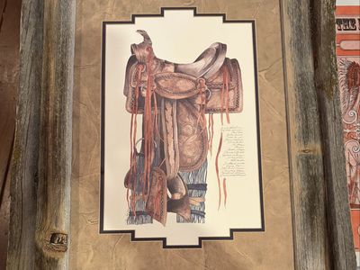 Framed Western Saddle Art Print Rustic Wood Frame Home Decor