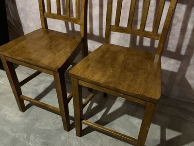 Set of 2 Wooden Counter Height Barstool Chairs Brown Oak Finish Slat Back
