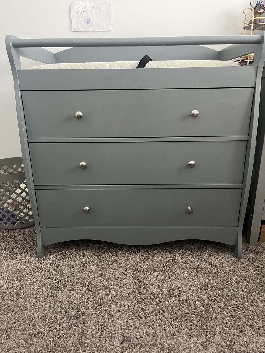 Gray Changing Table with 3 Drawers - Good Condition Baby Nursery Furniture