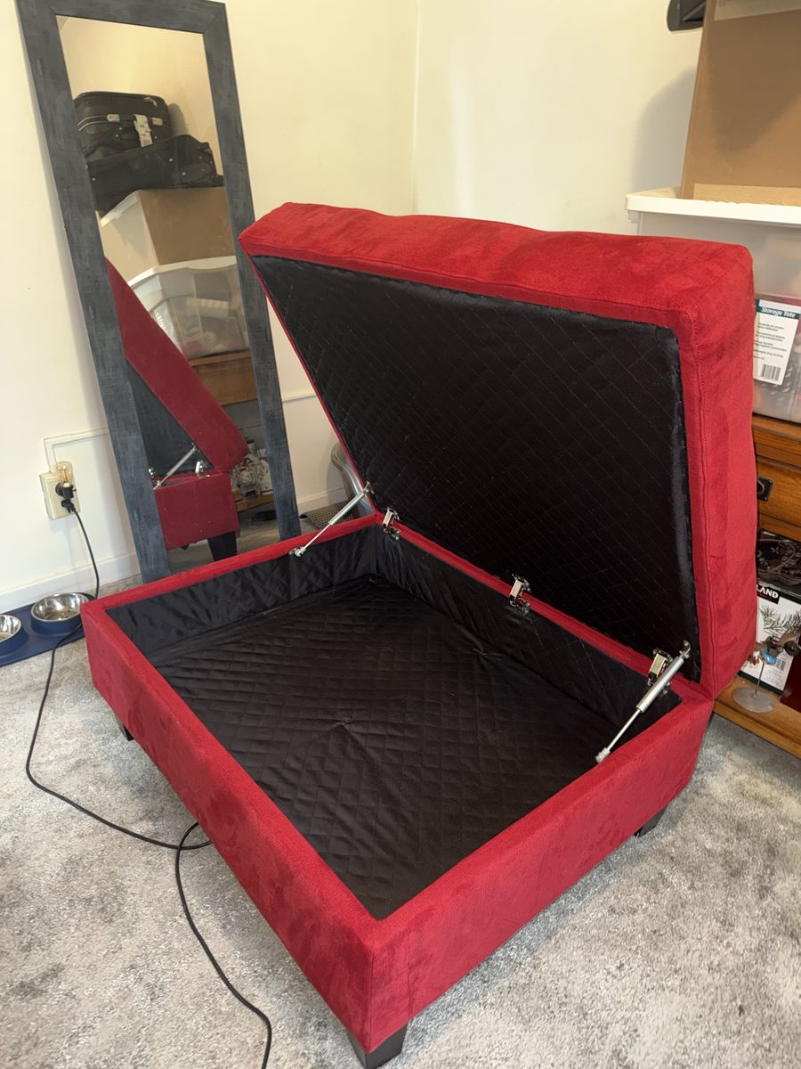 Red Tufted Storage Ottoman Bench, Upholstered Footrest Stool with Hinged Lid