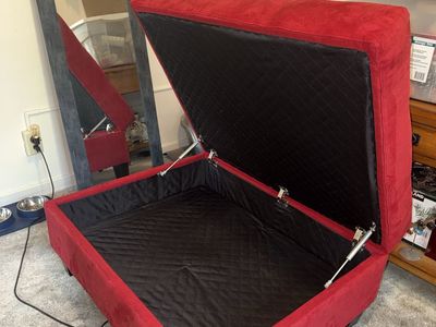Red Tufted Storage Ottoman Bench, Upholstered Footrest Stool with Hinged Lid