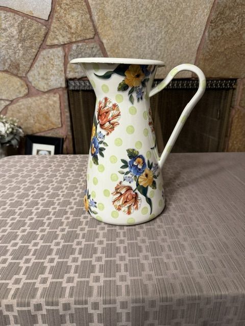 MacKenzie-Childs Wildflowers Enamel Large Practical Pitcher Green PolkaDot w/Floral