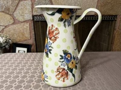 MacKenzie-Childs Wildflowers Enamel Large Practical Pitcher Green PolkaDot w/Floral