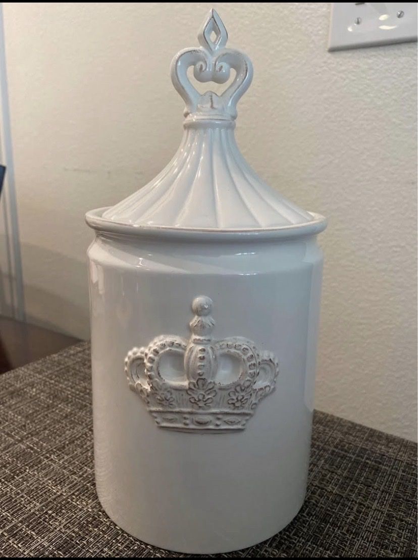 White Ceramic Crown Canister Jar with Lid - Decorative Storage Container