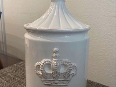 White Ceramic Crown Canister Jar with Lid - Decorative Storage Container