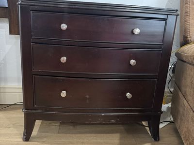 Dark Wood 3-Drawer Nightstand / Small Dresser with Silver Hardware