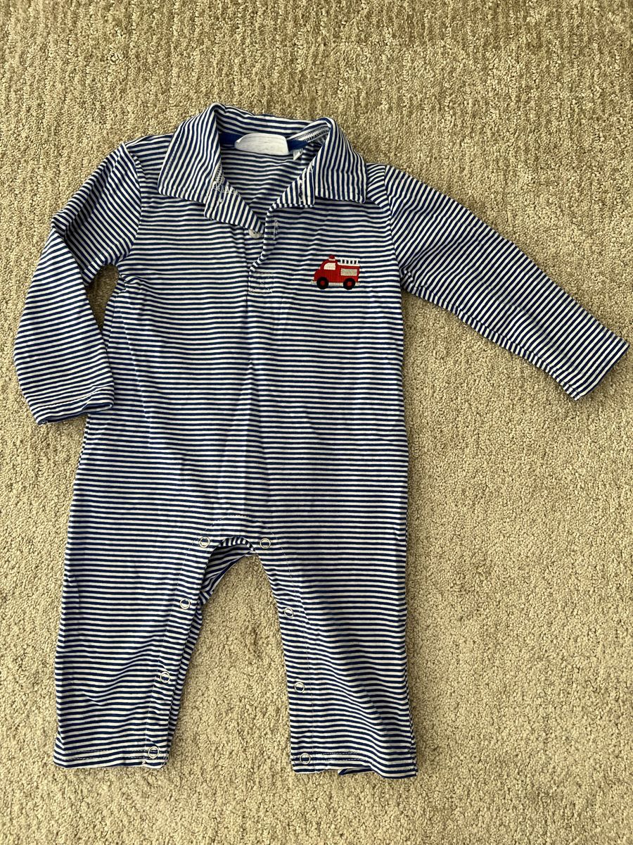 Trotter St Kids 9M Baby Boy Blue Stripe Fire Truck Embroidered Long Sleeve Romper One-Piece Outfit