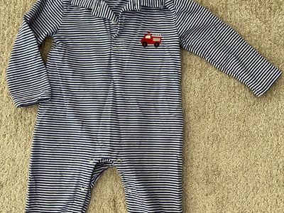 Trotter St Kids 9M Baby Boy Blue Stripe Fire Truck Embroidered Long Sleeve Romper One-Piece Outfit
