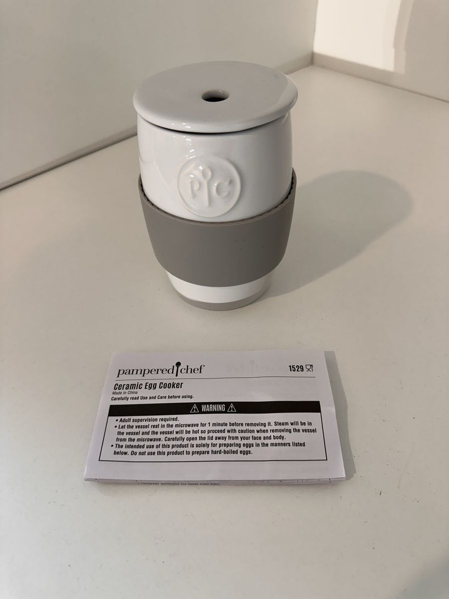 Pampered Chef Ceramic Egg Cooker White with Grey Silicone Sleeve #1529 Quick & Easy Eggs