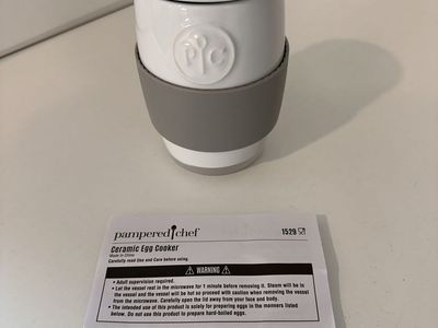 Pampered Chef Ceramic Egg Cooker White with Grey Silicone Sleeve #1529 Quick & Easy Eggs