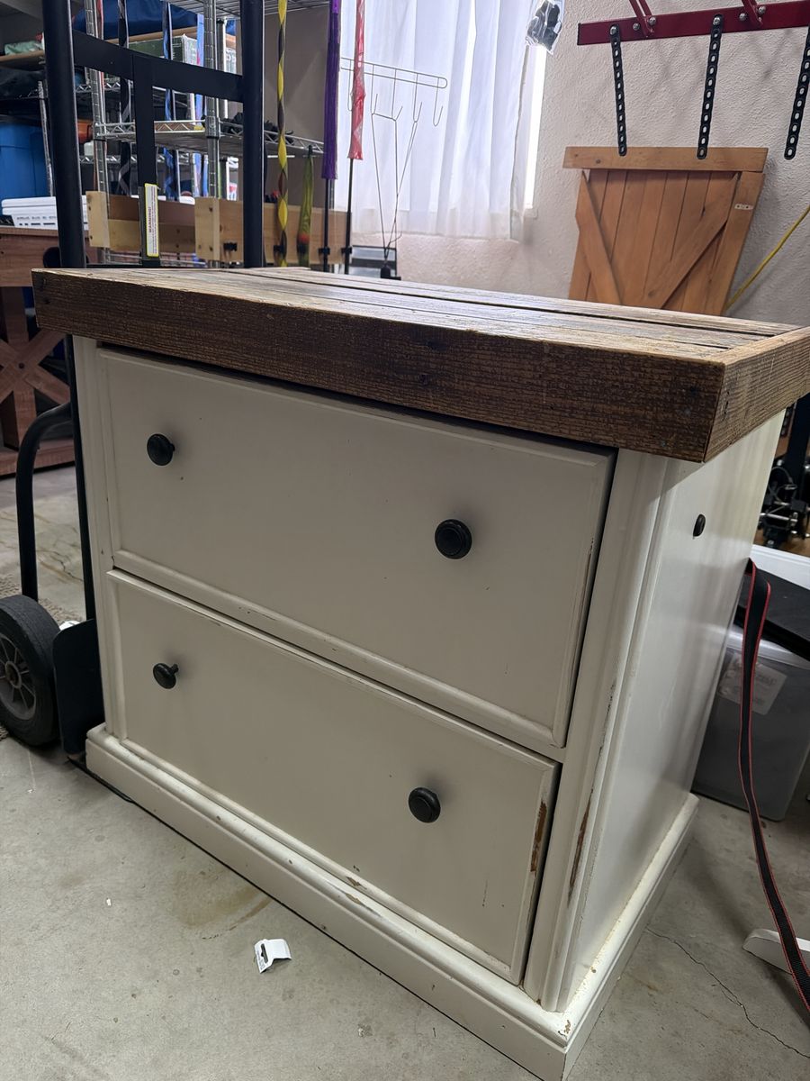 Rustic Wood Top Two-Drawer White Filing Cabinet / Nightstand