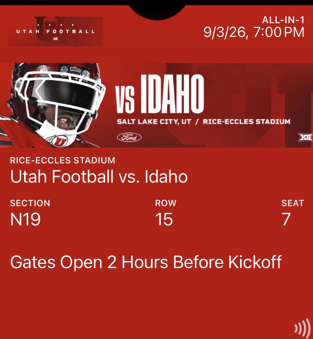 2 Great Seats: Utah vs Idaho Vandals Football - Row 15, Section N19 - Venmo, Tickets sent digitally upon payment. 