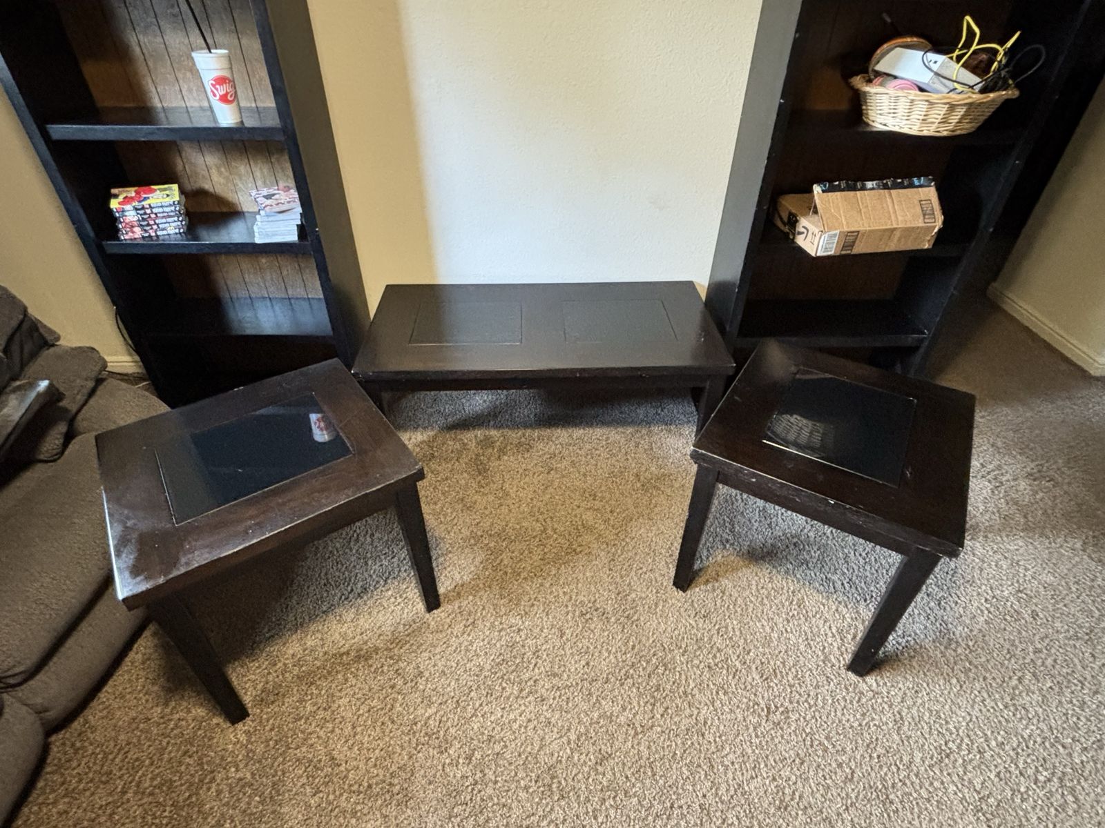 Dark Wood End Tables & Coffee Table Set - Good Condition