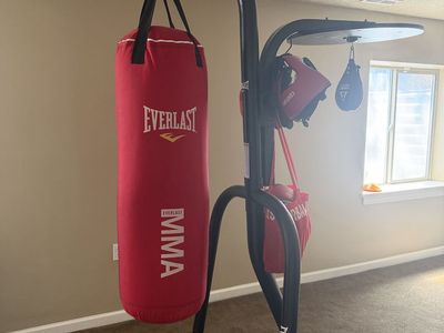 Boxing bag with speed bag comes with gloves and head gear