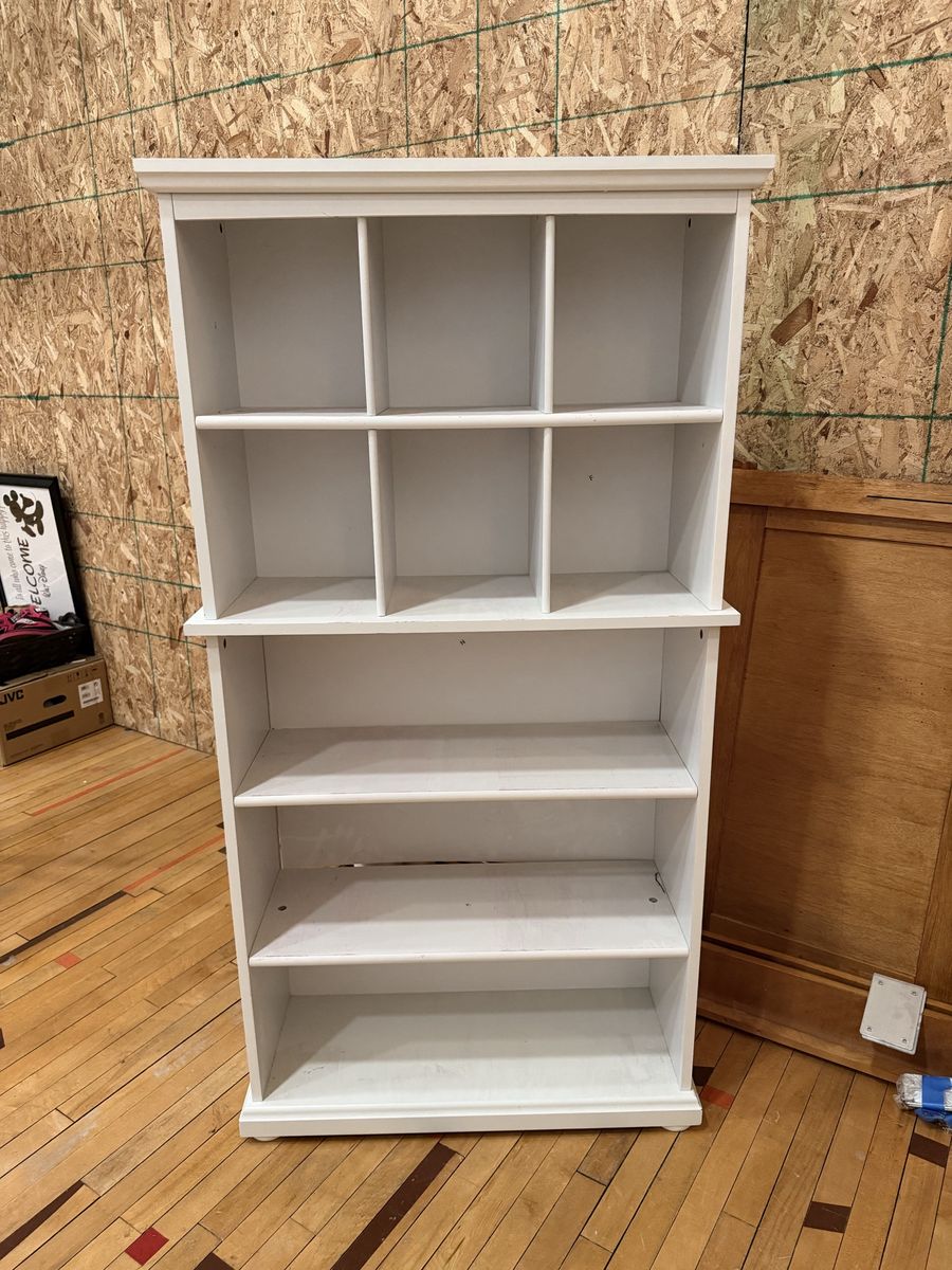 White Wooden Storage Bookshelf with Cubbies, Shelves & Red Chalkboard Bins