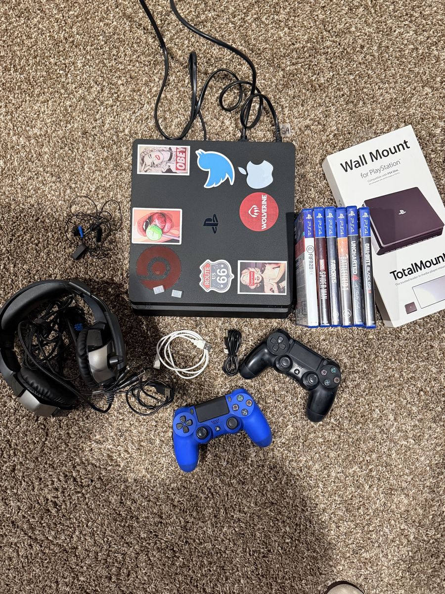 Sony PlayStation 4 (PS4) Slim Console Bundle w/ 2 Controllers, Games & Wall Mount