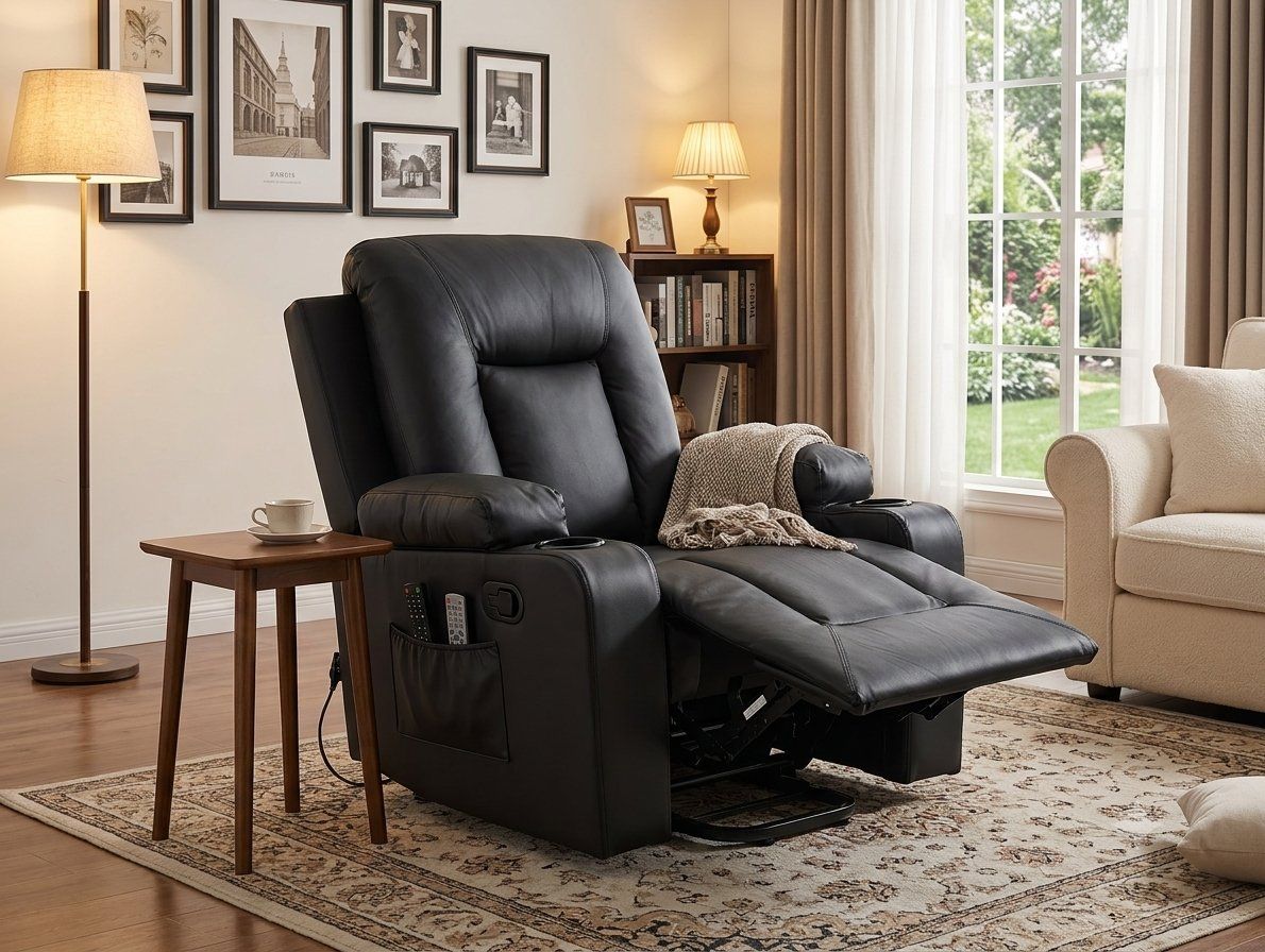 Black Recliner Chair with Cupholders and Storage Pockets
