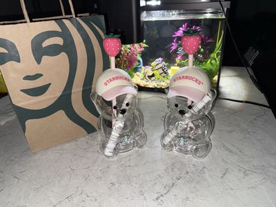Starbucks Bearista Bear Clear Glass Tumbler Cups with Pink Hat & Strawberry Straw (AUTHENTIC)