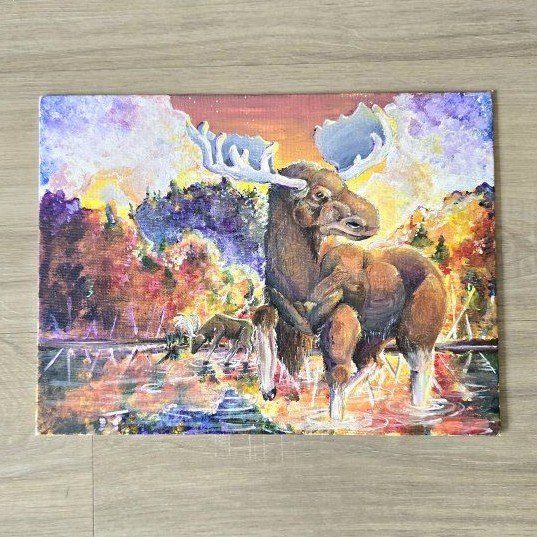 Hand-Painted Moose in Sunset Landscape Canvas Art