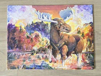 Hand-Painted Moose in Sunset Landscape Canvas Art
