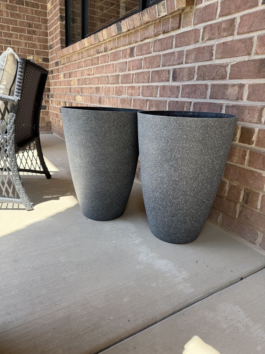 Pair of Large Tapered Outdoor Planters - Grey Speckled Finish, Durable Resin