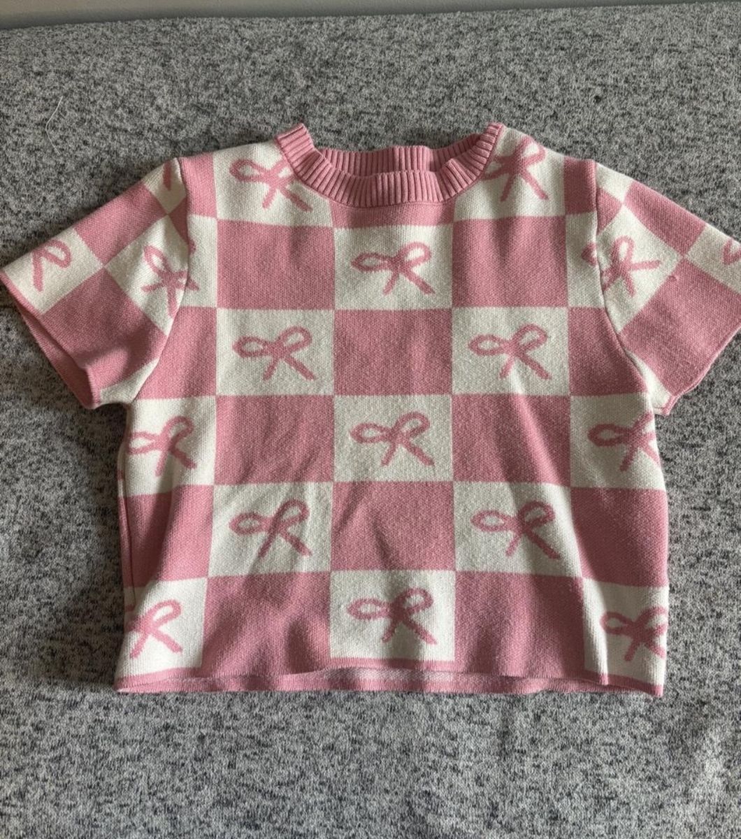 Dreamers by Debut Pink and White Checkerboard Bow crop Short Sleeve Knit Sweater Size S