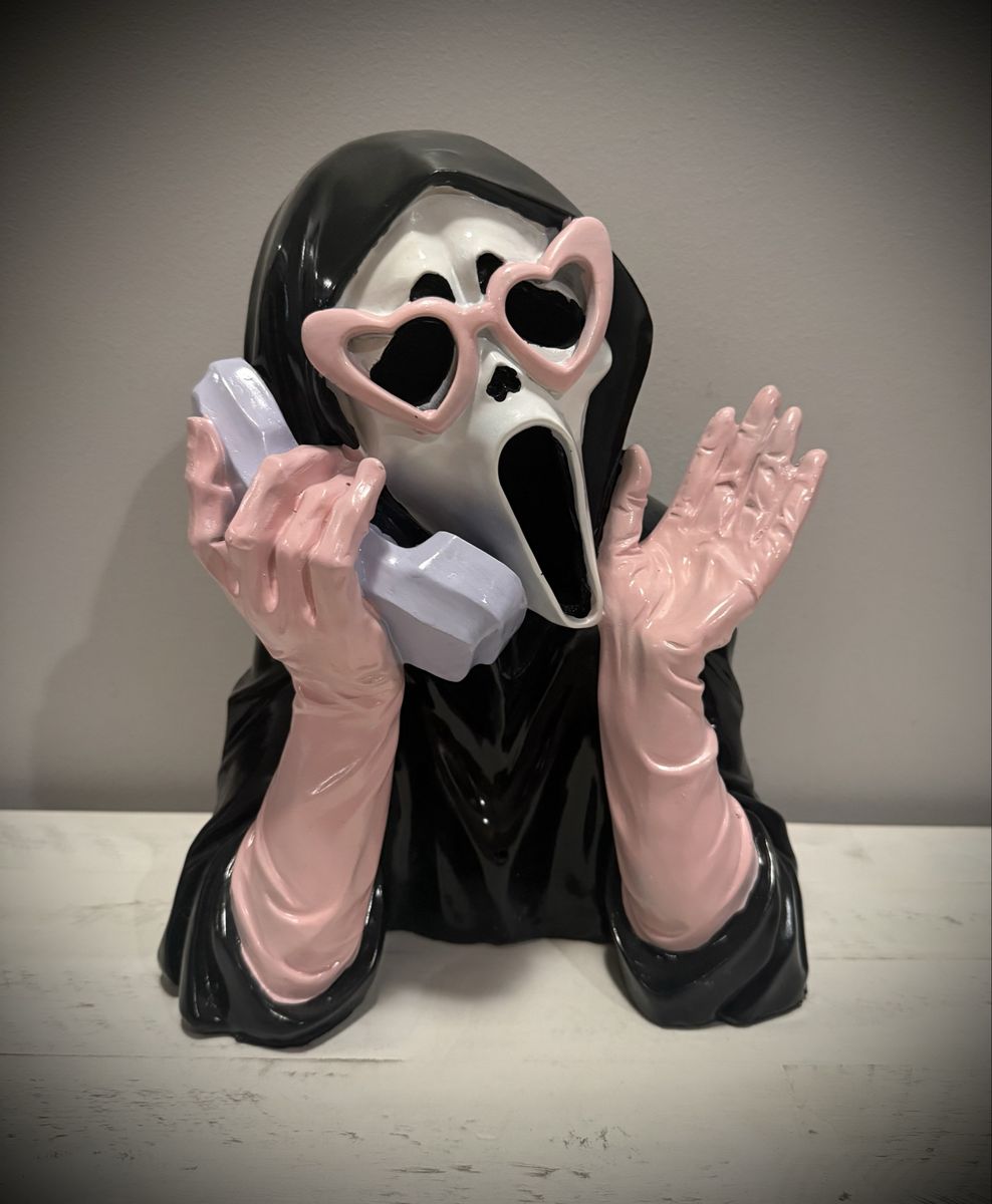 Halloween Pink Ghost Face Phone Figurine with Heart Sunglasses Lights Up and Plays Music