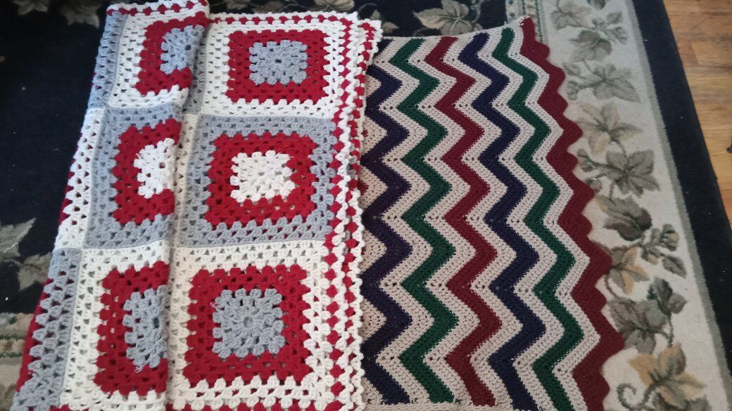 3 Crochet Chair Covers, Throw Blankets: Red Squares, Colorful Zig Zag, Solid Green