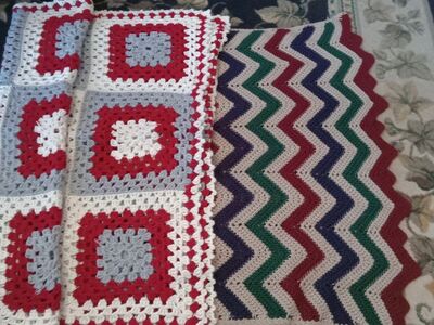 3 Crochet Chair Covers, Throw Blankets: Red Squares, Colorful Zig Zag, Solid Green
