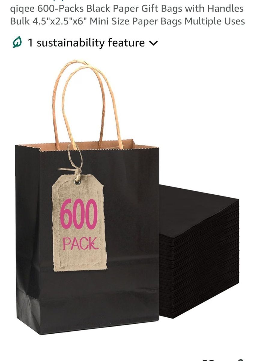 qiqee 600-Pack Black Paper Gift Bags with Handles 4.5"x2.5"x6" Mini Size Bulk Multiple Uses