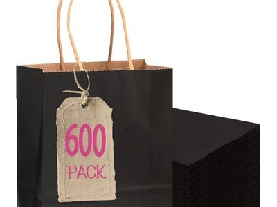 qiqee 600-Pack Black Paper Gift Bags with Handles 4.5"x2.5"x6" Mini Size Bulk Multiple Uses