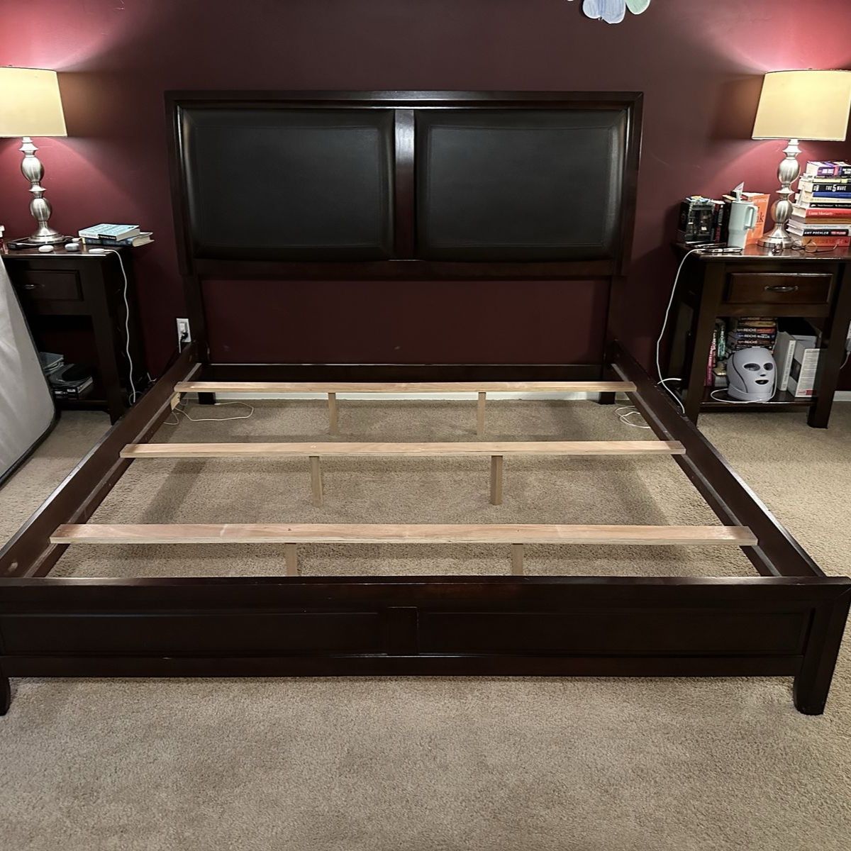 King Bed Dark Wood Platform Bed Frame with Upholstered Headboard