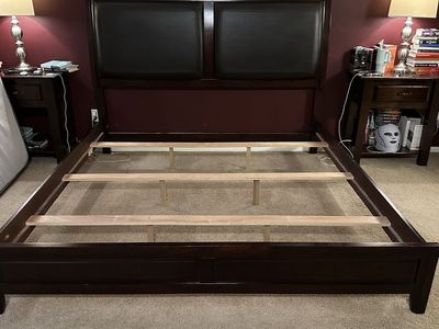 King Bed Dark Wood Platform Bed Frame with Upholstered Headboard