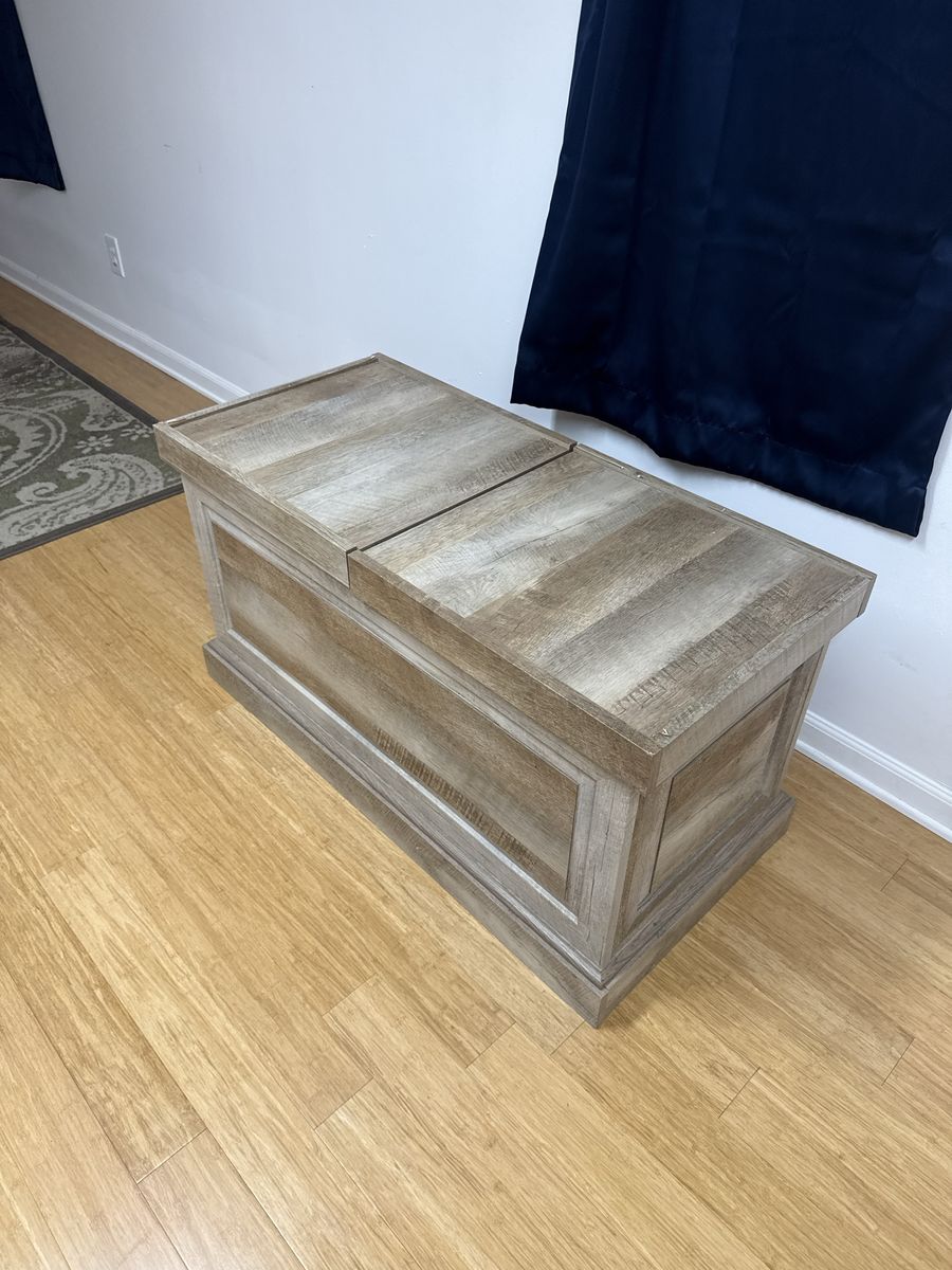 Rustic Farmhouse Style Storage Chest / Coffee Table with Sliding Top - Wood Grain laminate