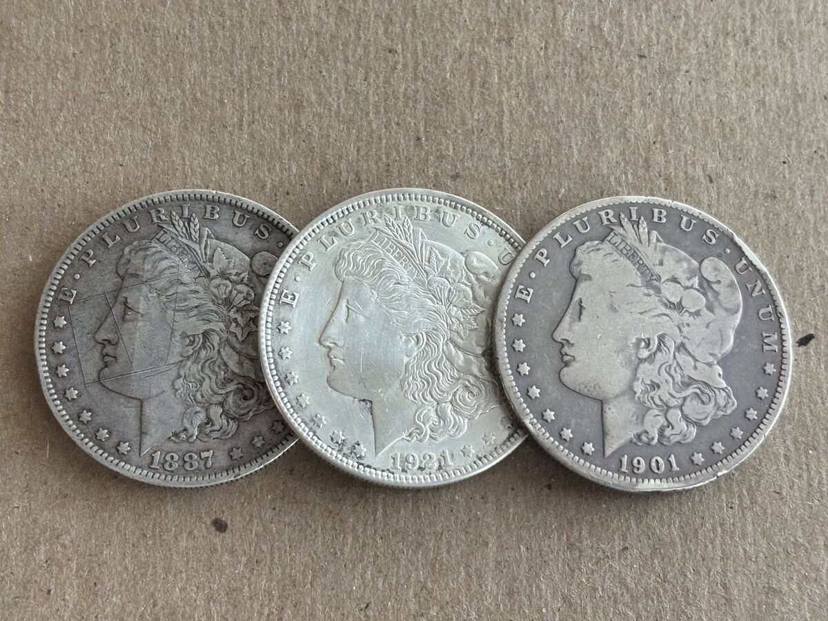 3 morgans 1887o, 1901o is off center strike, 1921p