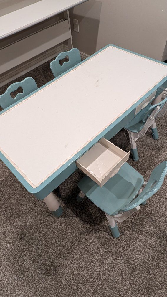 Kids' Table & 4 Chairs Set - White & Teal with Storage Drawers