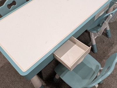 Kids' Table & 4 Chairs Set - White & Teal with Storage Drawers