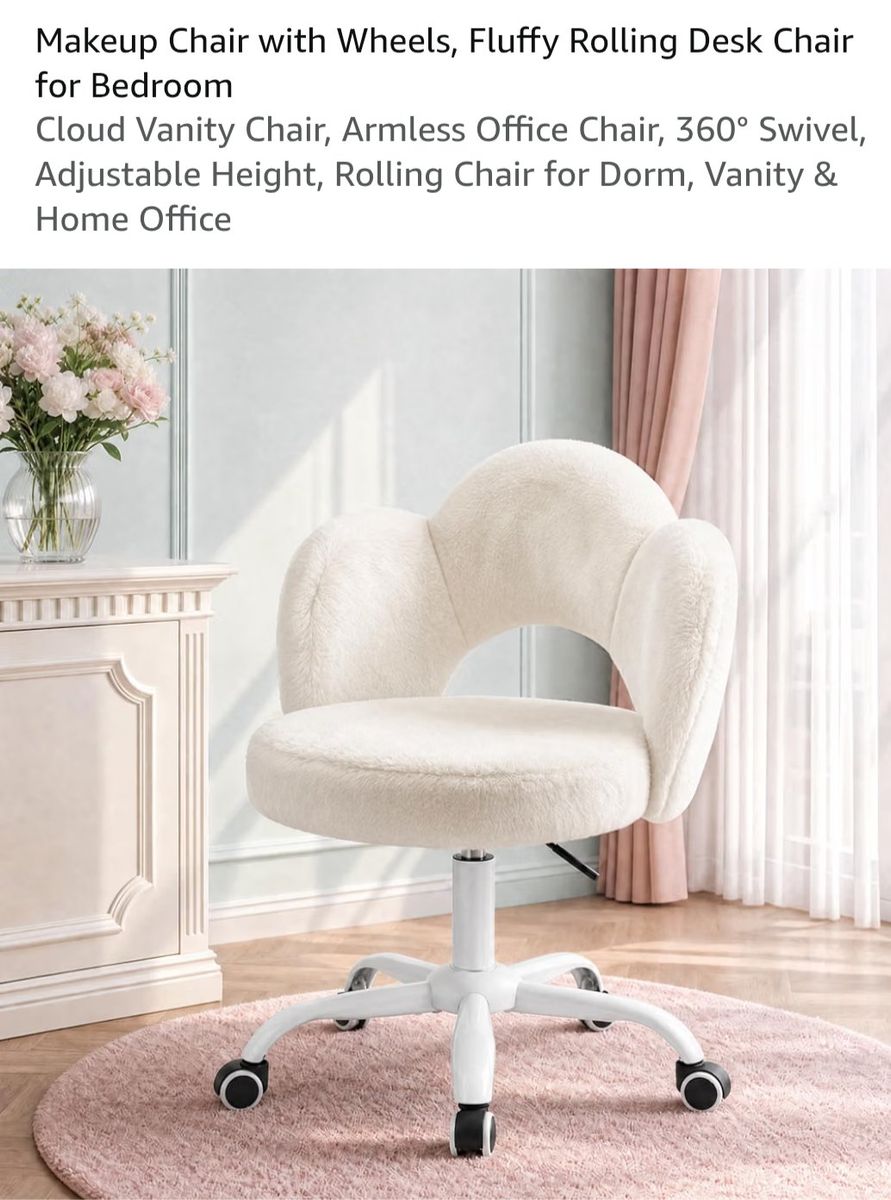 Fluffy Rolling Makeup Vanity Chair with 360 Swivel and Adjustable Height