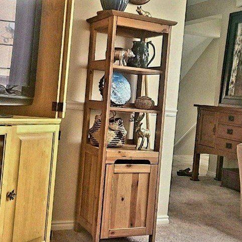 Solid Wood Tall Narrow Display Cabinet with Shelves & Storage Door - Rustic Oak Finish