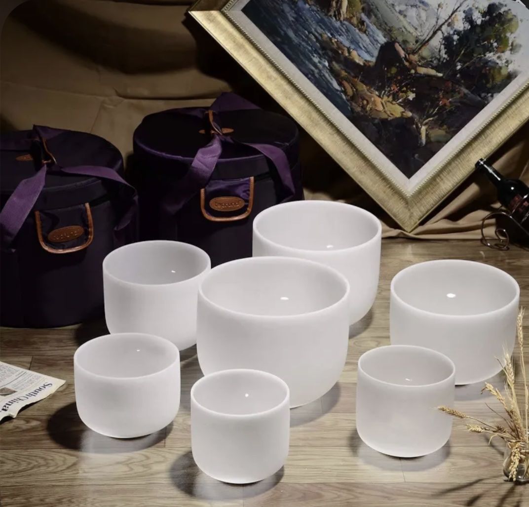 7-Piece Frosted Quartz Crystal Singing Bowl Set with Carrying Cases and Accessories