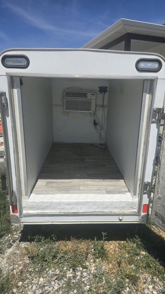 White Enclosed Refrigerated Cargo Trailer w/ AC Unit - Compact Utility Trailer.  4ft x 8ft