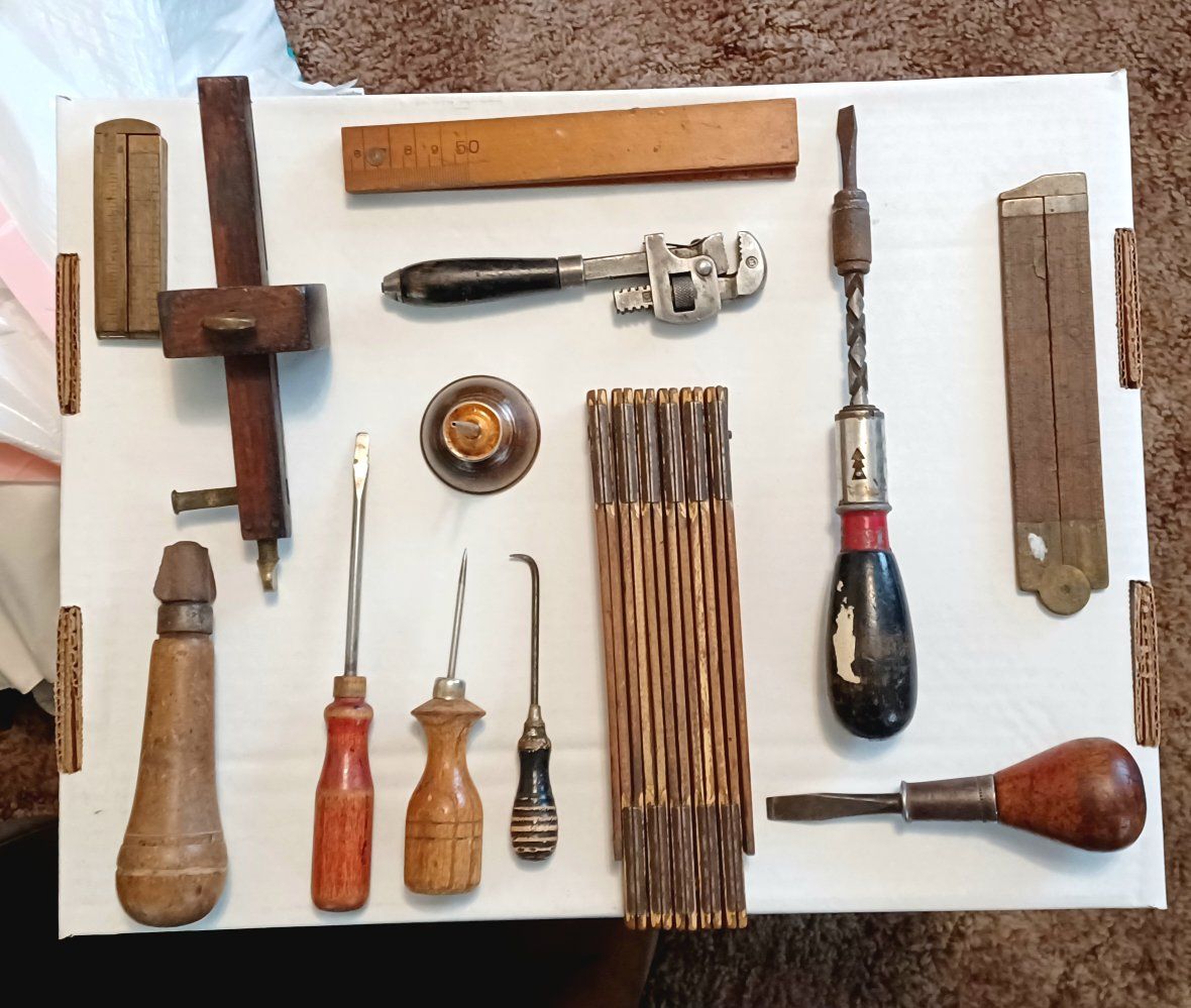 Vintage Hand Tools Lot - Assorted Woodworking & Mechanic Tools, Folding Ruler, Wrenches