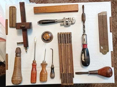 Vintage Hand Tools Lot - Assorted Woodworking & Mechanic Tools, Folding Ruler, Wrenches