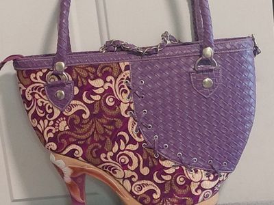 D@r-va Kelompen Hand Made Heeled Shoe Bag, Purple & Gold Floral, Unique Handbag