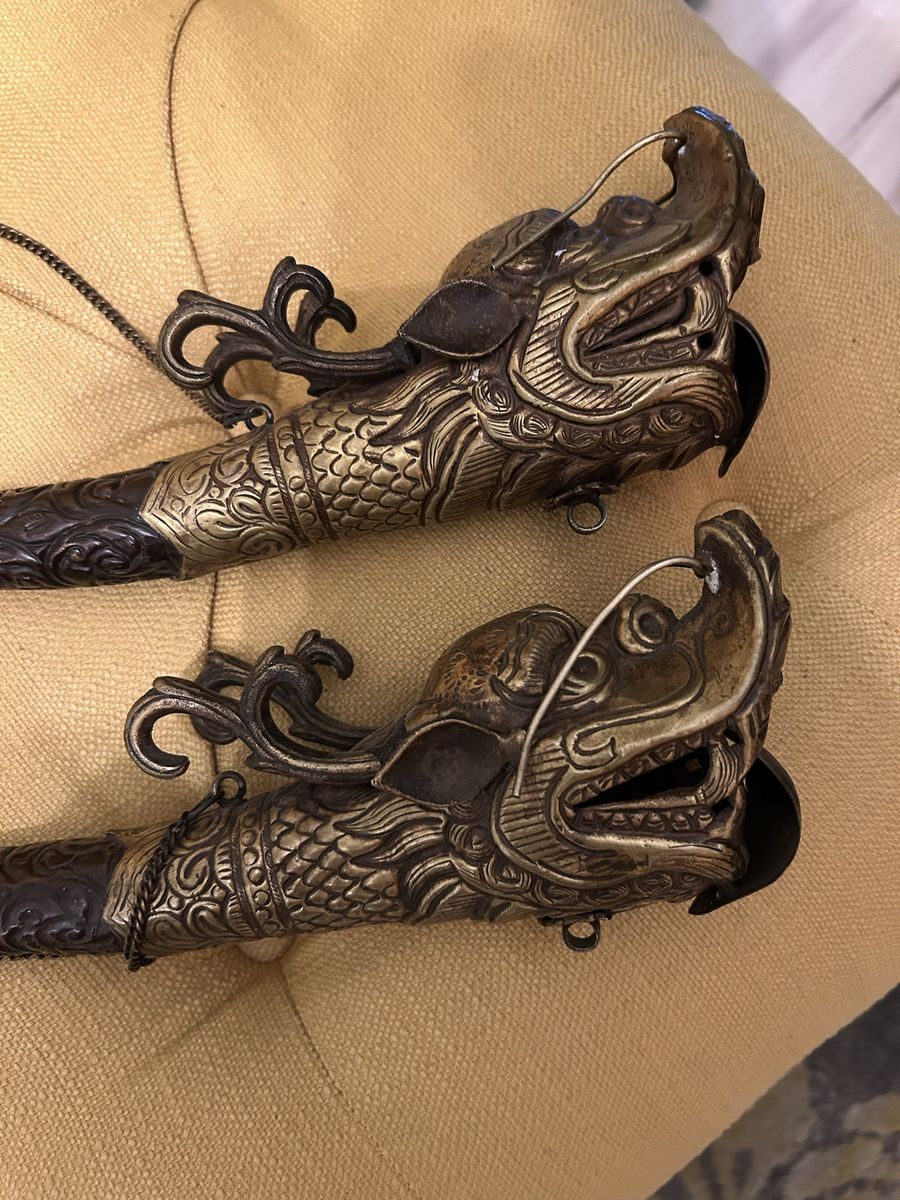 2 Tibetan ceremonial brass trumpets.
