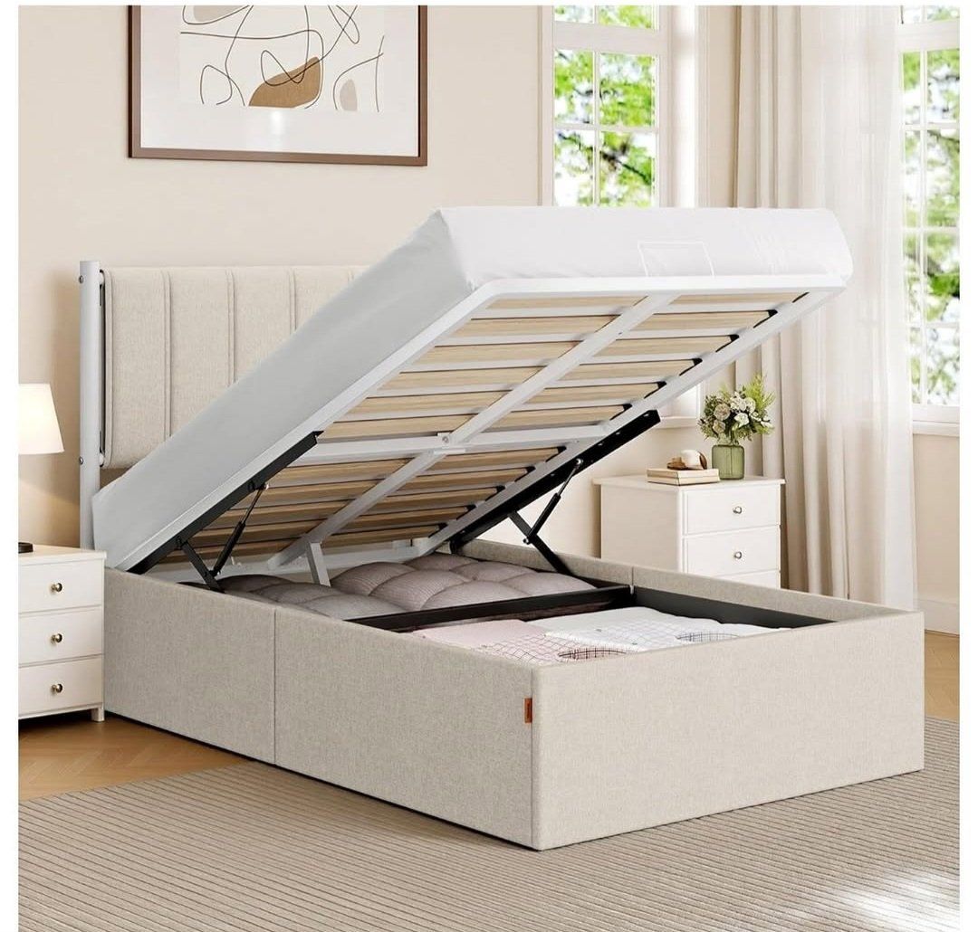 VASAGLE Lift Up Storage Bed Frame Twin Size, Hydraulic Platform Bed, with Upholstered Headboard, 550 lb Weight Capacity, No Box